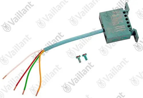 Vaillant Relais mit mehreren Kabeln in verschiedenen Farben (rot, grün, orange, pink) und Anschlussstecker. Enthält auch zwei Schrauben zur Befestigung.